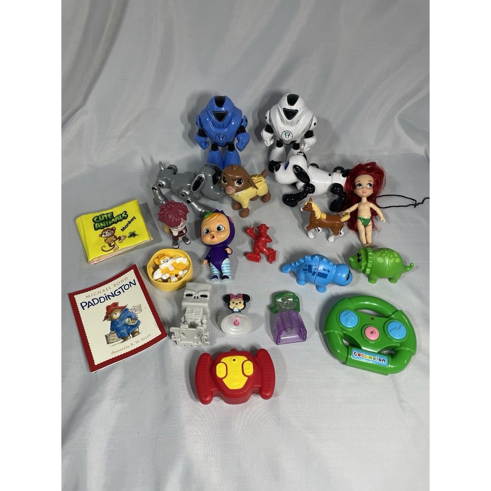 Lot of 20 Assorted toys - Robots, Horses, Dinosaurs, Dolls, Books, etc.